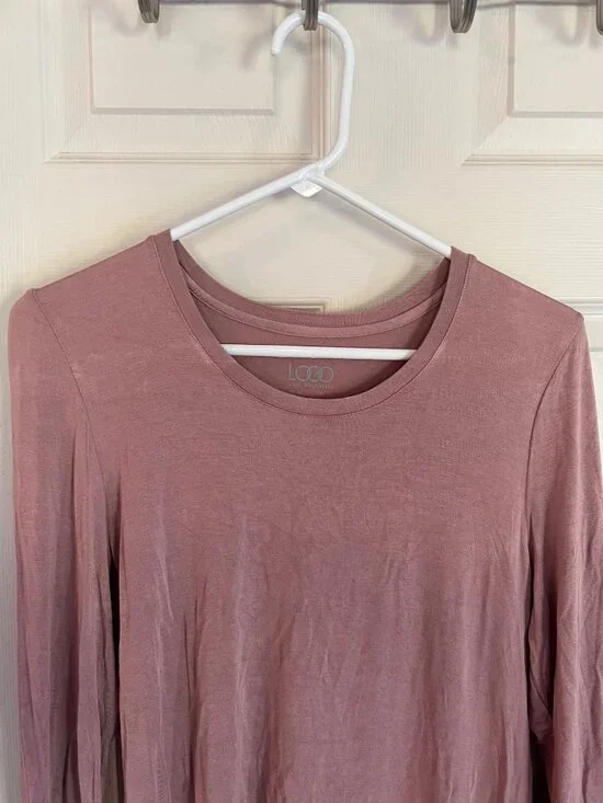 LOGO Lori Goldstein Tunic Mauve Logo Long sleeve Pleated Hem Top Knit Shirt M - Picture 2 of 8